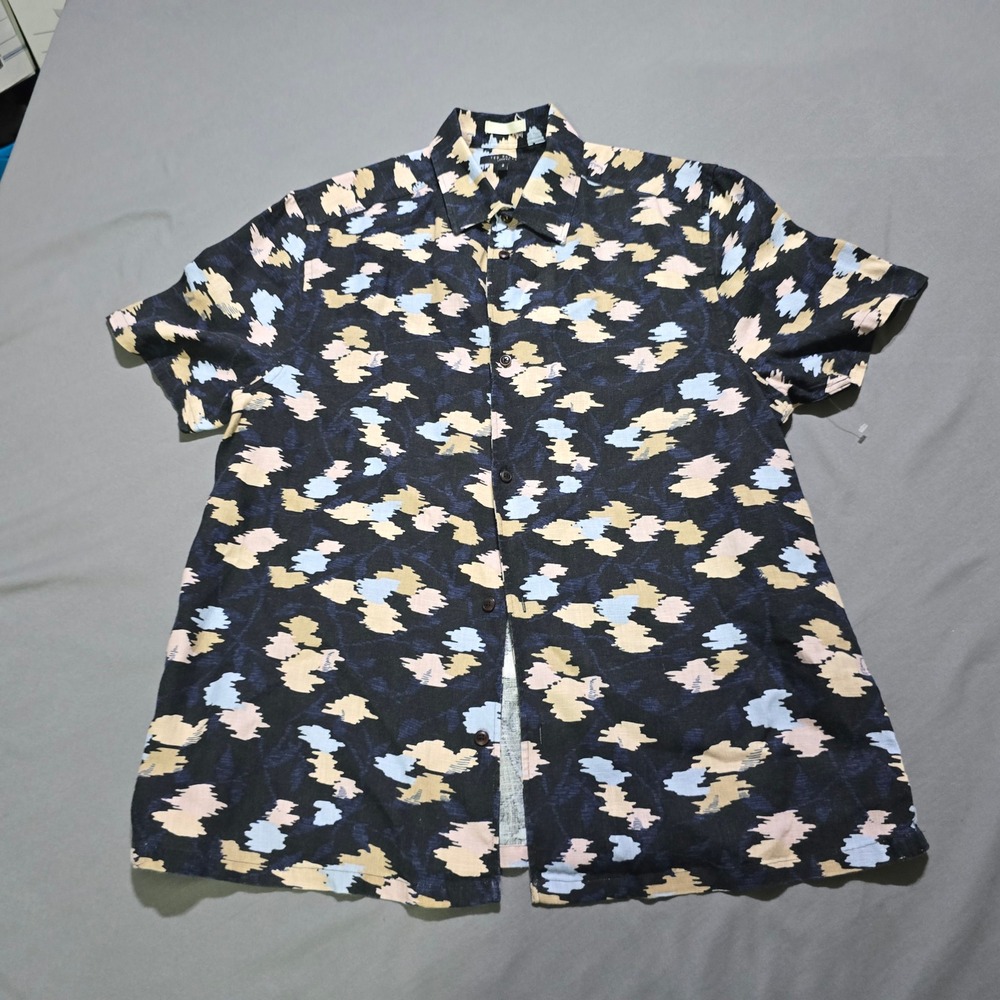 Ted Baker London Shirt Mens 3 Medium Navy Blue Abstract Linen Short Sleeve